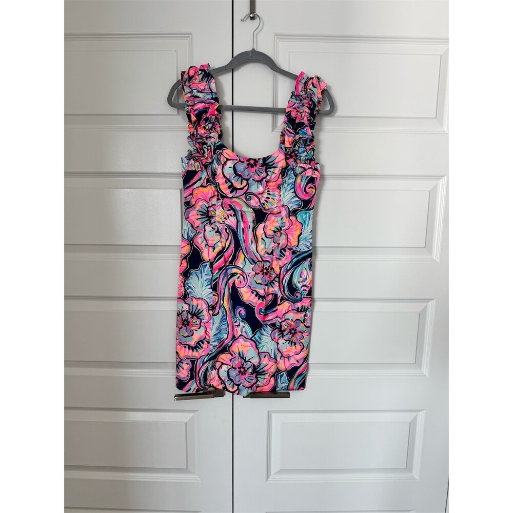 Lilly Pulitzer Devina Dress Womens Size 4 Pink Blue Floral Ruffle Knee Length - Picture 4 of 10